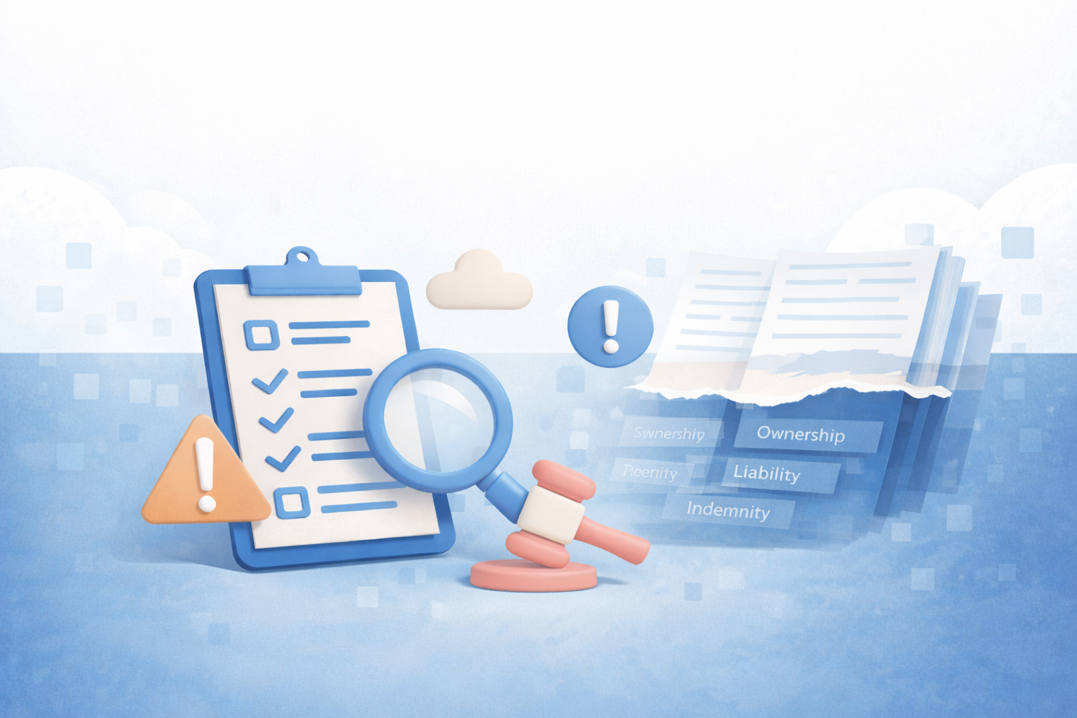 Master service agreement review illustration showing checklist, magnifying glass, warning icon, and legal risk concepts