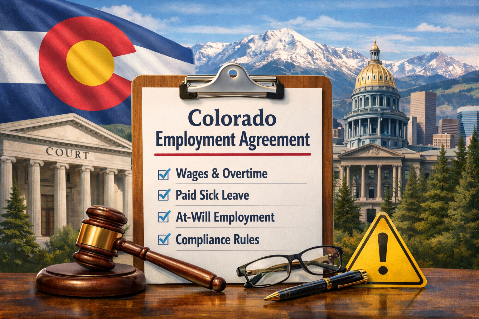 Colorado employment agreement requirements including wages, paid sick leave, at-will employment, and compliance rules